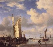 VELDE, Willem van de, the Younger, Dutch Vessels Close Inshore at Low Tide,and Men Bathing